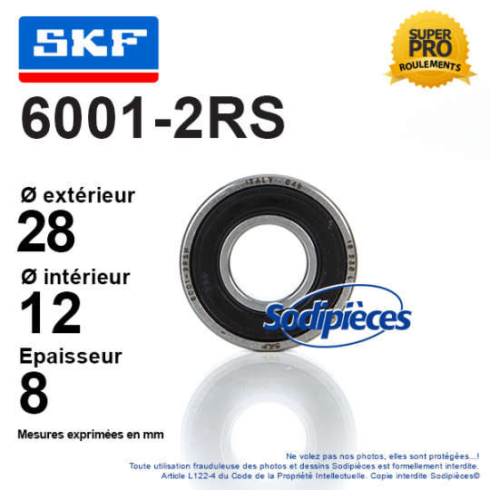 Roulement à billes 6001-2RS SKF. Double étanchéité