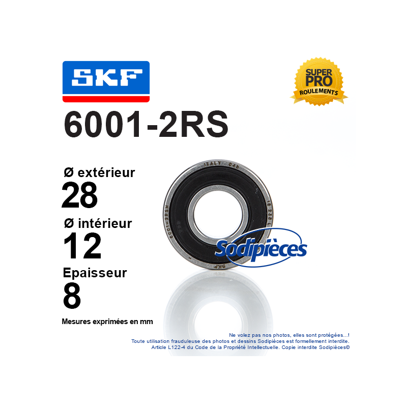 Roulement à billes 6001-2RS SKF. Double étanchéité