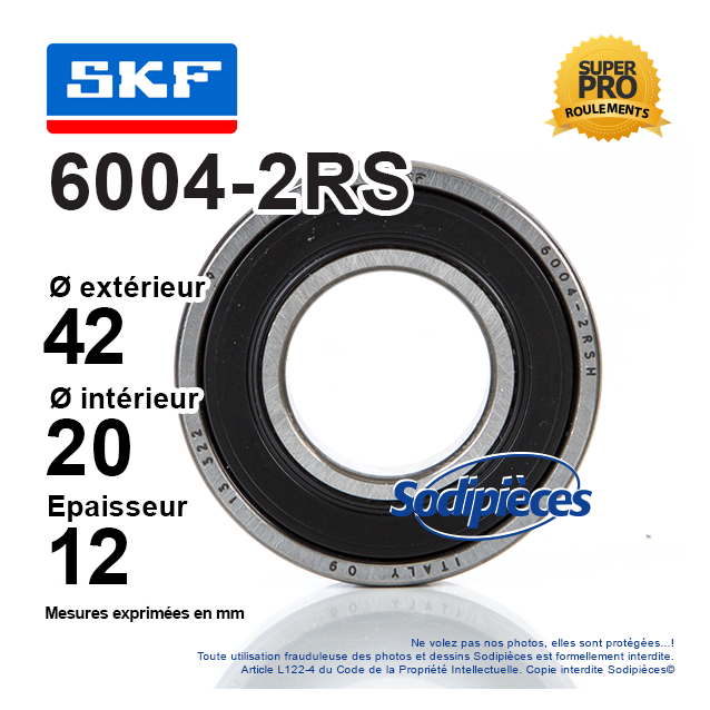 Roulement à billes 6004-2RS SKF. Double étanchéité