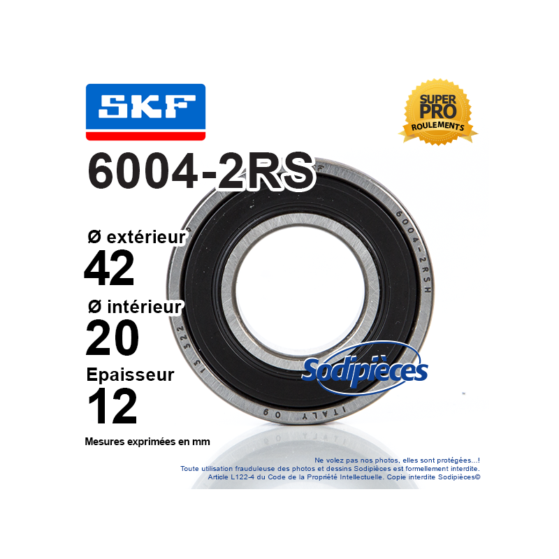 Roulement à billes 6004-2RS SKF. Double étanchéité