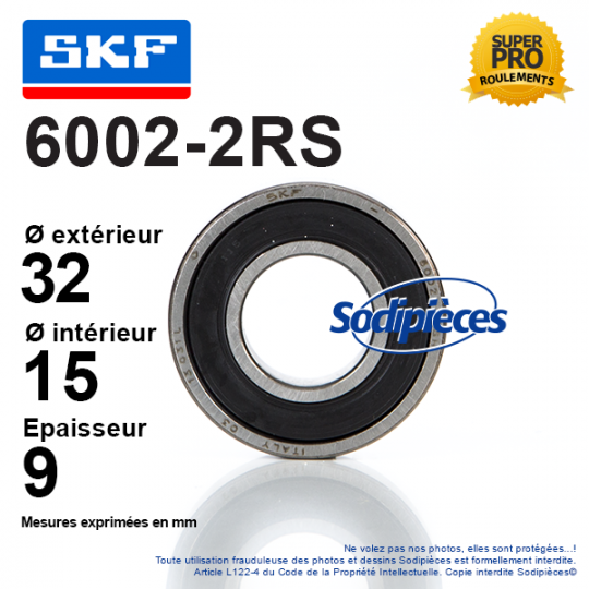 Roulement à billes 6002-2RS SKF. Double étanchéité