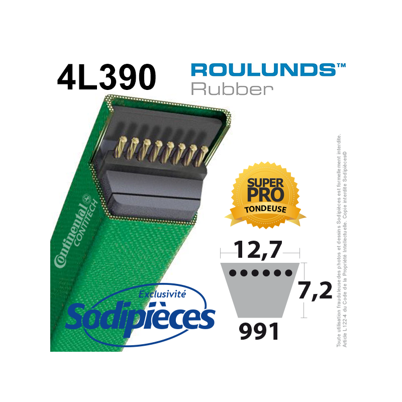 Courroie tondeuse 4L390 Roulunds Continental  12,7  x 9 x 991 mm