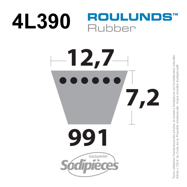 Courroie tondeuse 4L390 Roulunds Continental  12,7  x 9 x 991 mm
