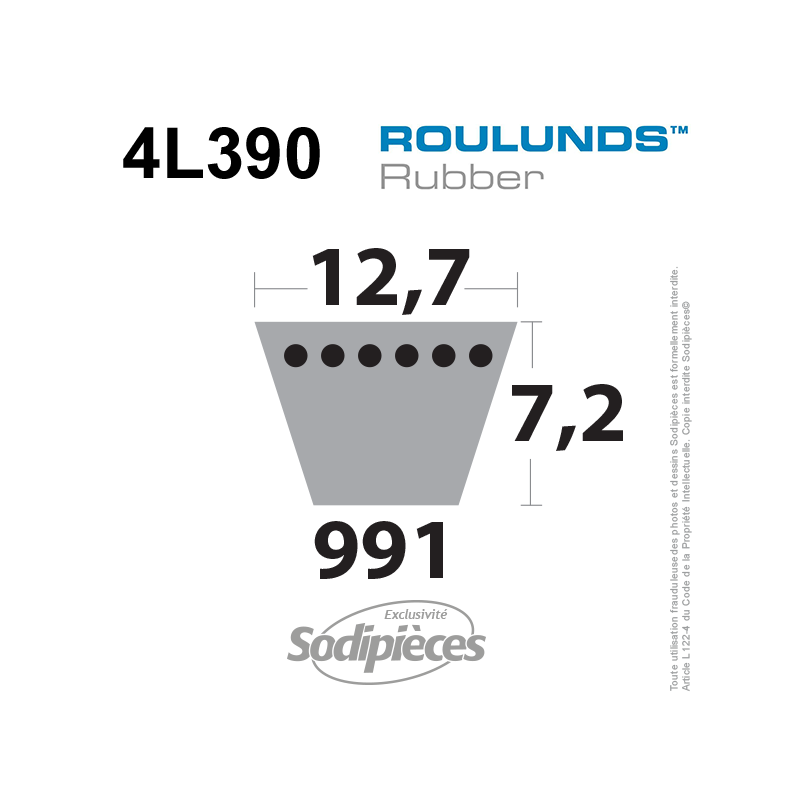 Courroie tondeuse 4L390 Roulunds Continental  12,7  x 9 x 991 mm