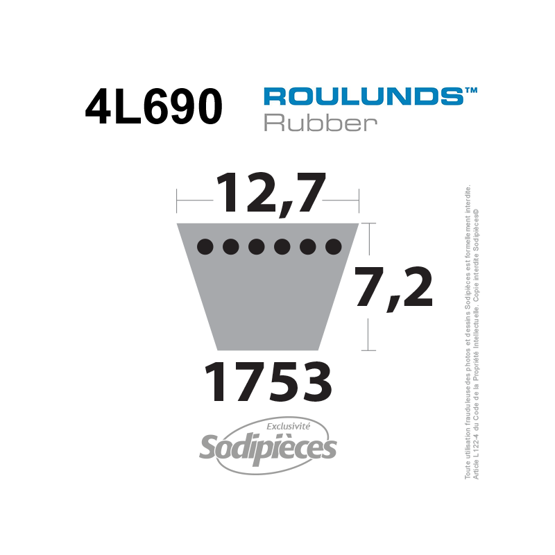 Courroie tondeuse 4L690 Roulunds Continental. 12.7  x 9 L. 1753 mm