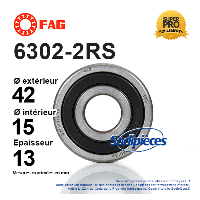 Roulement à billes 6302-2RS FAG. Double étanchéité Roulement à billes 6302-2RS FAG. Double étanchéité