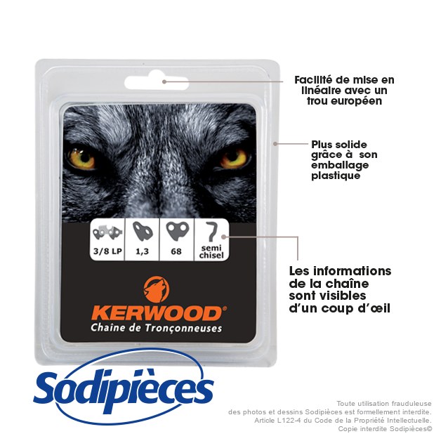 Chaîne tronçonneuse KERWOOD 68 maillons 3/8, 1,3mm, modèle semi carrée