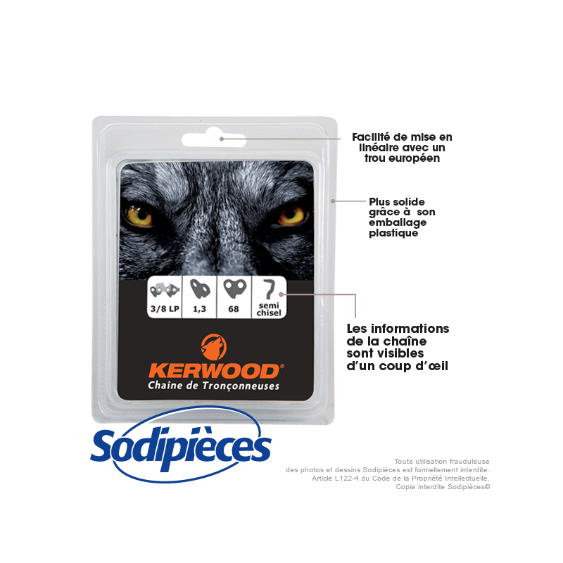 Chaîne tronçonneuse KERWOOD 68 maillons 3/8, 1,3mm, modèle semi carrée