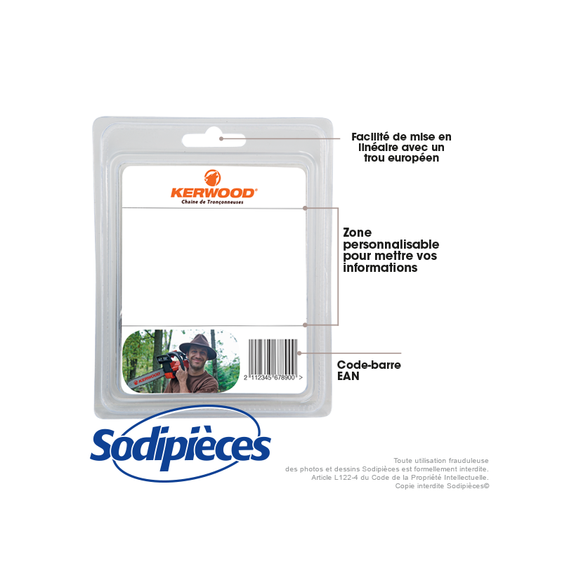 Chaîne tronçonneuse KERWOOD 72 maillons 3/8"LP, 1,3mm, modèle semi carrée