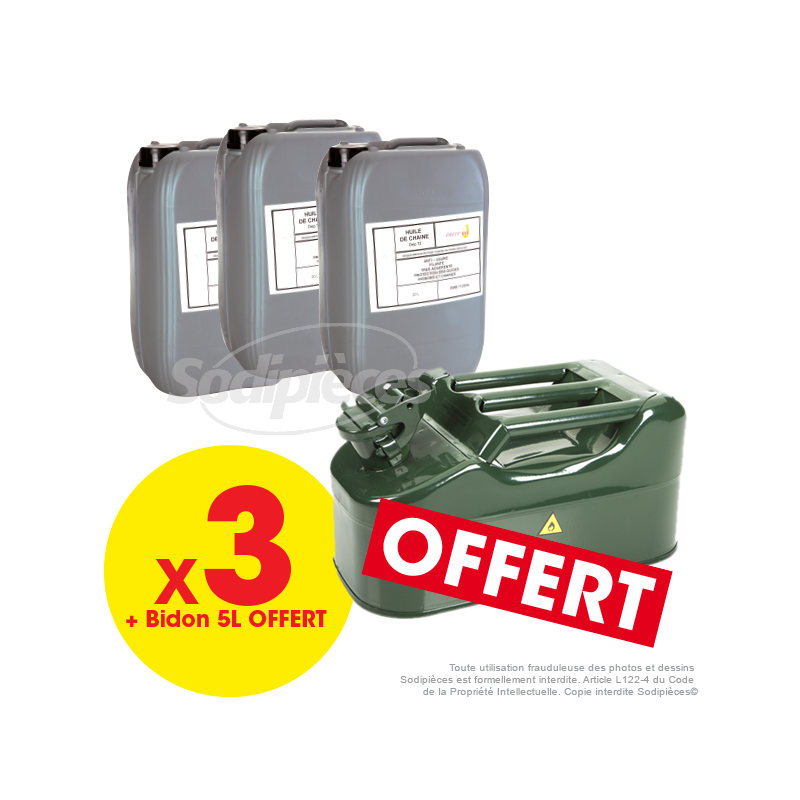 3 bidons huile de chaîne ISO 150 / 20 L + Un bidon métal vert 5 litres OFFERT