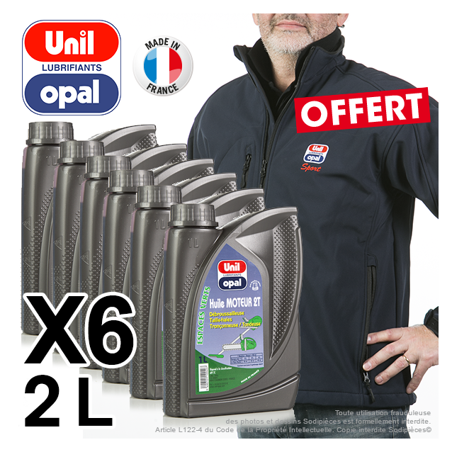 Huile moteur 2 temps Unil Opal pour tronçonneuse, débroussailleuse, tondeuse. 2 litres. Par 6