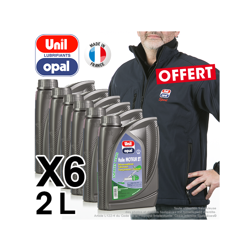 Huile moteur 2 temps Unil Opal pour tronçonneuse, débroussailleuse, tondeuse. 2 litres. Par 6