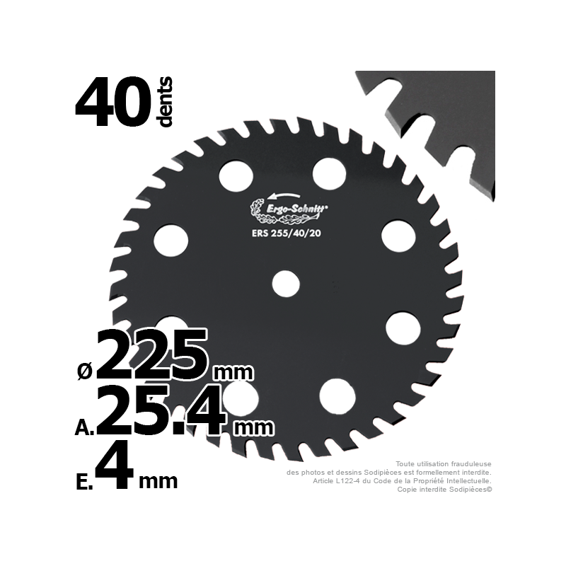 Lame disque 40 dents. Ø 225 mm. Al 25,4 mm. Ergo-Schnitt® 8 aérations.