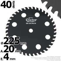 Lame disque 40 dents. Ø 225 mm. Al 20 mm. Ergo-Schnitt® 8 aérations.