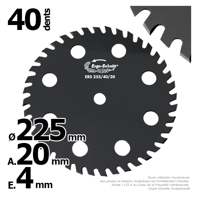 Lame disque 40 dents. Ø 225 mm. Al 20 mm. Ergo-Schnitt® 8 aérations.