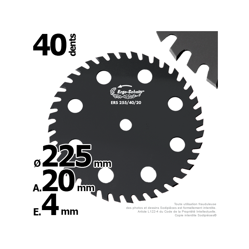 Lame disque 40 dents. Ø 225 mm. Al 20 mm. Ergo-Schnitt® 8 aérations.