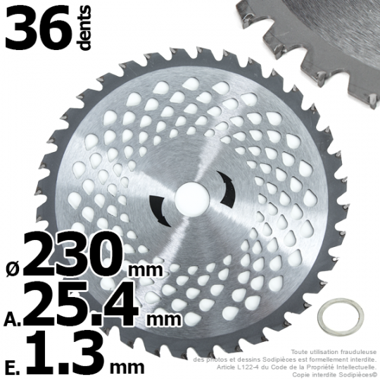 Lame disque carbure 36 dents tungstène Ø 230 mm. Al. 25,4 mm. Ep. 1,3 mm. Multi-aérations