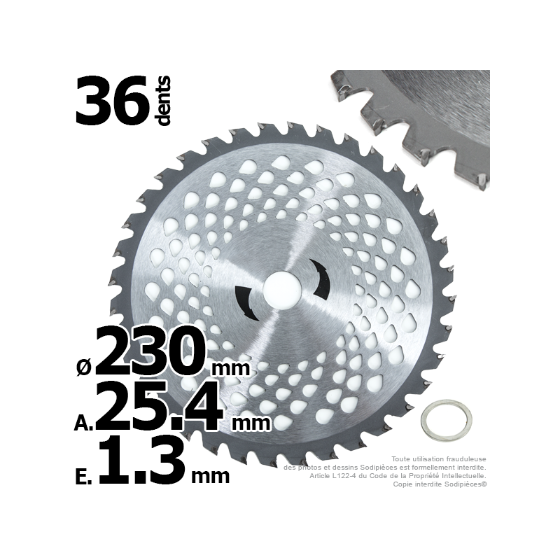 Lame disque carbure 36 dents tungstène Ø 230 mm. Al. 25,4 mm. Ep. 1,3 mm. Multi-aérations