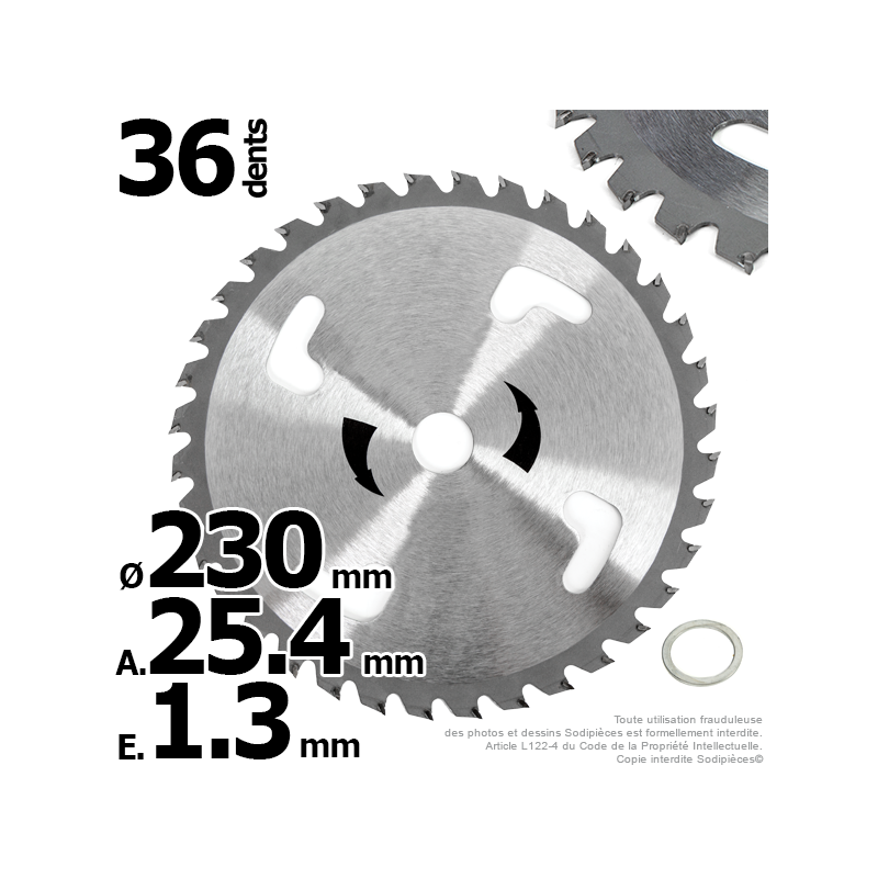 Lame disque carbure 36 dents tungstène Ø 230 mm. Al. 25,4 mm. Ep. 1,3 mm. 4 aérations