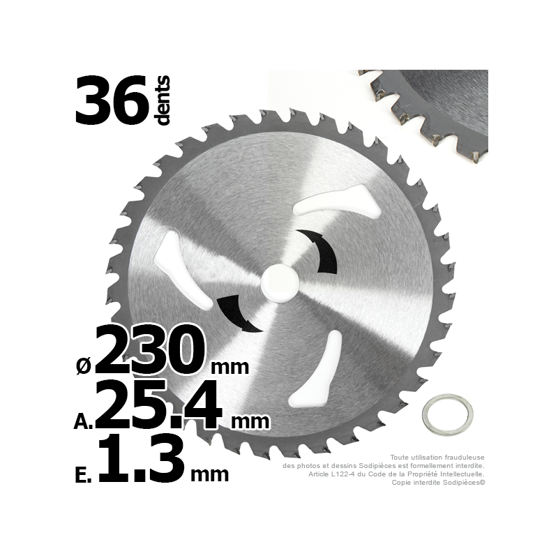Lame disque carbure 36 dents tungstène Ø 230 mm. Al. 25,4 mm. Ep. 1,3 mm. 3 aérations