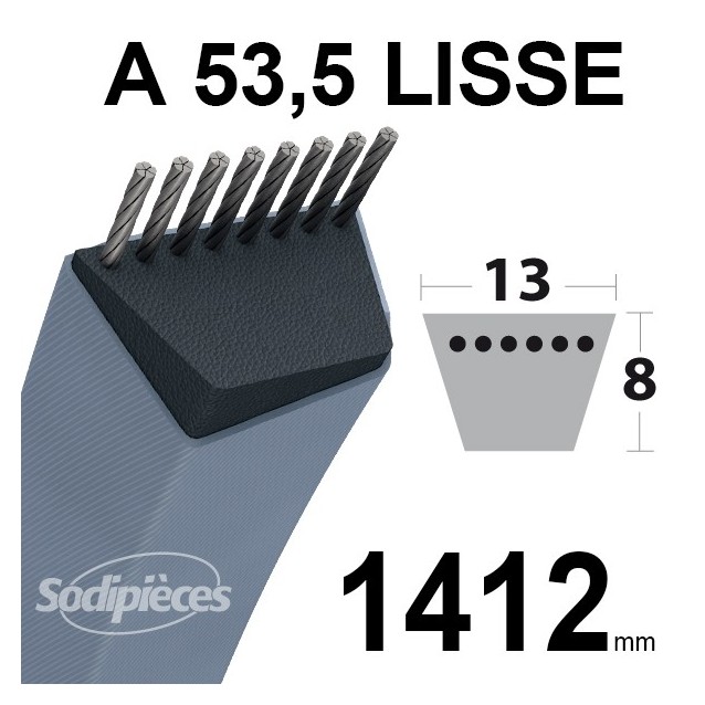Courroie tondeuse A53,5 Trapézoïdale 13 mm x 1412 mm. Courroie tondeuse A53,5 Trapézoïdale 13 mm x 1412 mm.