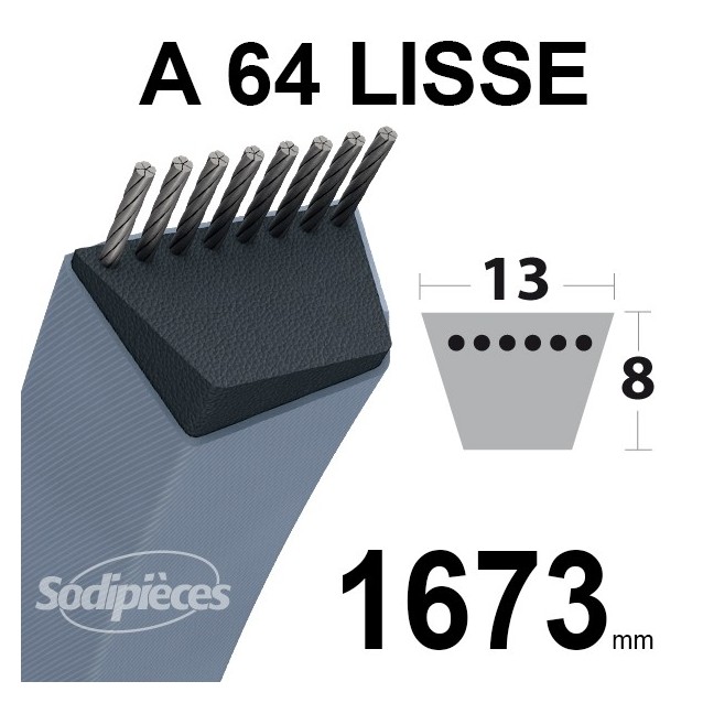Courroie tondeuse A64 Trapézoïdale 13 mm x 1673 mm. Courroie tondeuse A64 Trapézoïdale 13 mm x 1673 mm.