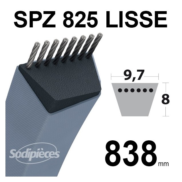 Courroie tondeuse SPZ825 Trapézoïdale 9,7 mm x 838 mm. Courroie tondeuse SPZ825 Trapézoïdale 9,7 mm x 838 mm.