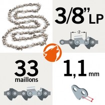 Chaîne tronçonneuse KERWOOD 33 maillons 3/8"LP, 1,1mm, modèle semi carrée