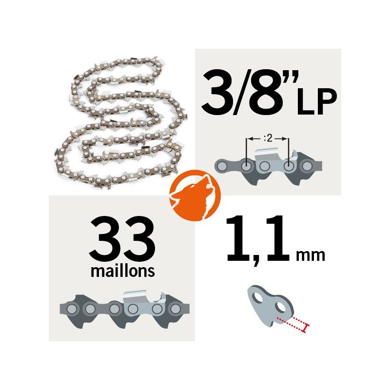 Chaîne tronçonneuse KERWOOD 33 maillons 3/8"LP, 1,1mm, modèle semi carrée