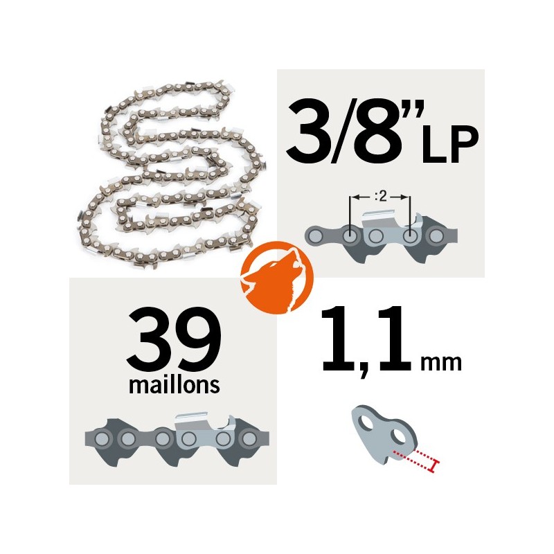 Chaîne tronçonneuse KERWOOD 39 maillons 3/8"LP, 1,1mm, modèle semi carrée