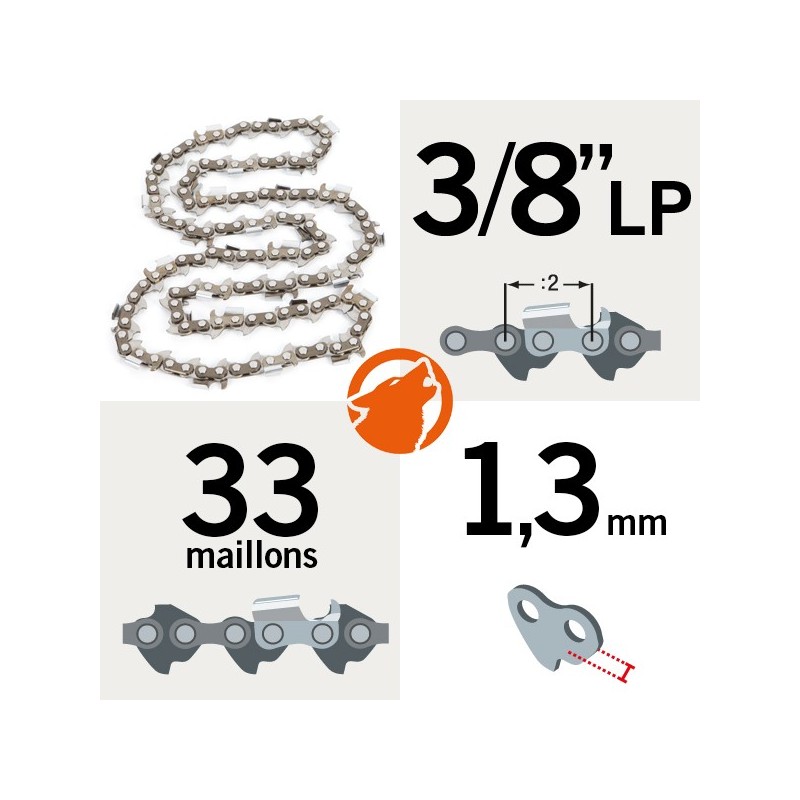 Chaîne tronçonneuse KERWOOD 33 maillons 3/8"LP, 1,3mm, modèle semi carrée