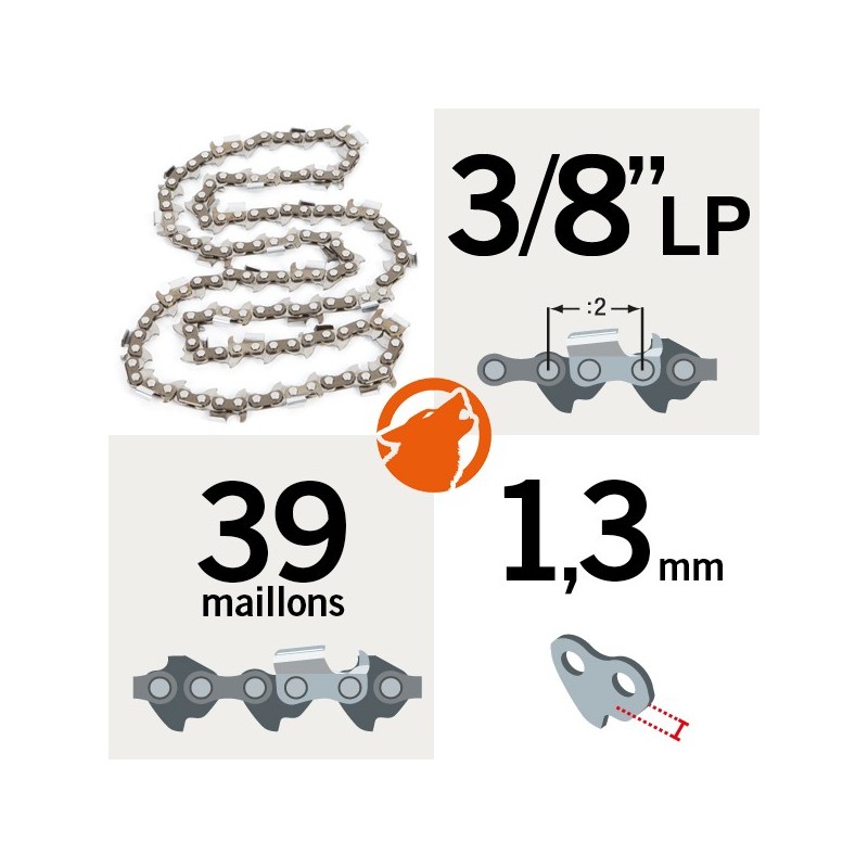 Chaîne tronçonneuse KERWOOD 39 maillons 3/8"LP, 1,3mm, modèle semi carrée