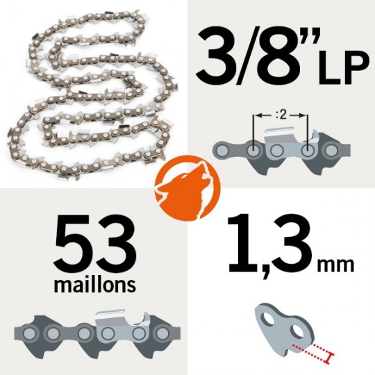 Chaîne tronçonneuse KERWOOD 53 maillons 3/8"LP, 1,3mm, modèle semi carrée