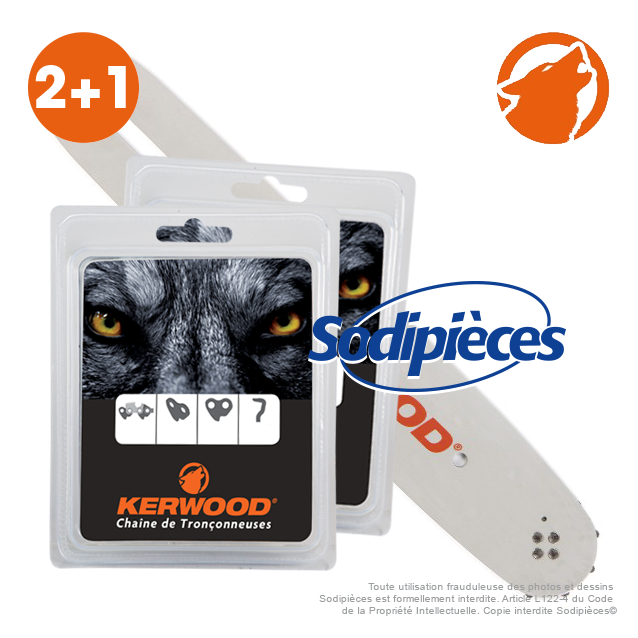 Kit 1 guide. 45 cm. 0,325”. 1,3 mm. 18C2KLWA + 2 chaînes 72 maillons 0,325”, 1,3mm