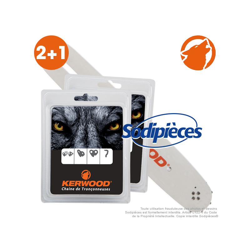 Kit 1 guide. 45 cm. 0,325”. 1,3 mm. 18C2KSWB + 2 chaînes 72 maillons 3/8”LP, 1,3mm