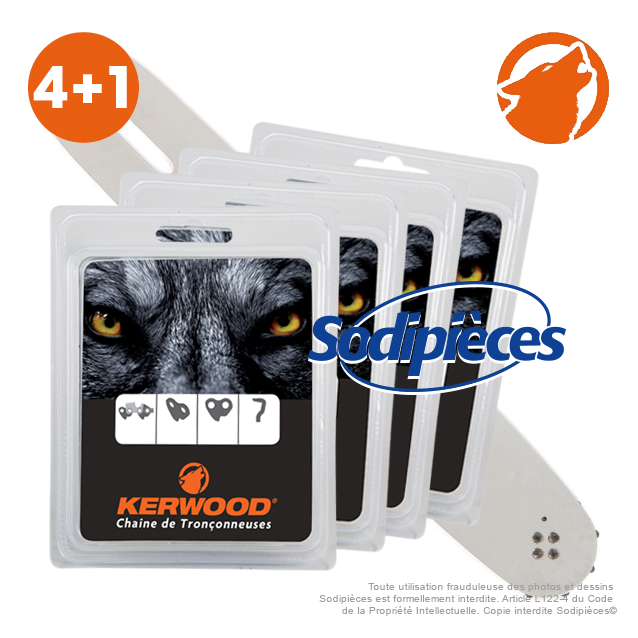 Kit 1 guide. 40 cm. 3/8”LP. 1,3 mm. 16B2KCWD + 4 chaînes 55 maillons, 3/8” LP 1,3mm