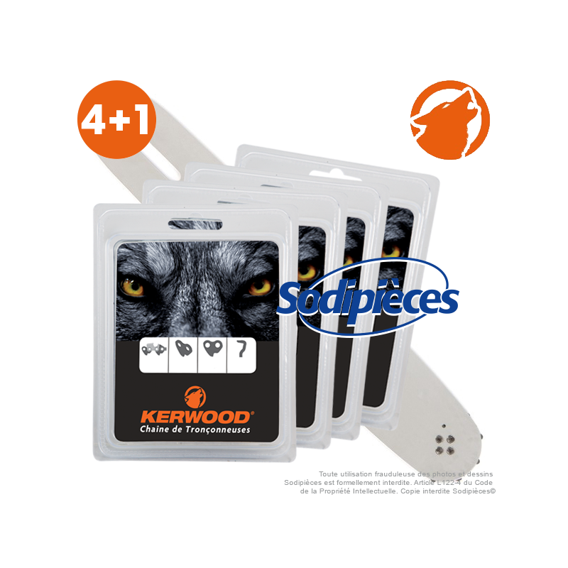 Kit 1 guide. 40 cm. 3/8”LP. 1,3 mm. 16B2KCWD + 4 chaînes 55 maillons, 3/8” LP 1,3mm