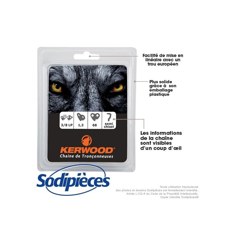 Chaîne tronçonneuse KERWOOD 72 maillons 0.325”, 1,5mm. Par 3