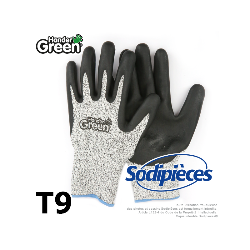 Gants anti-coupure Handergreen. Gris/noir. Taille 9