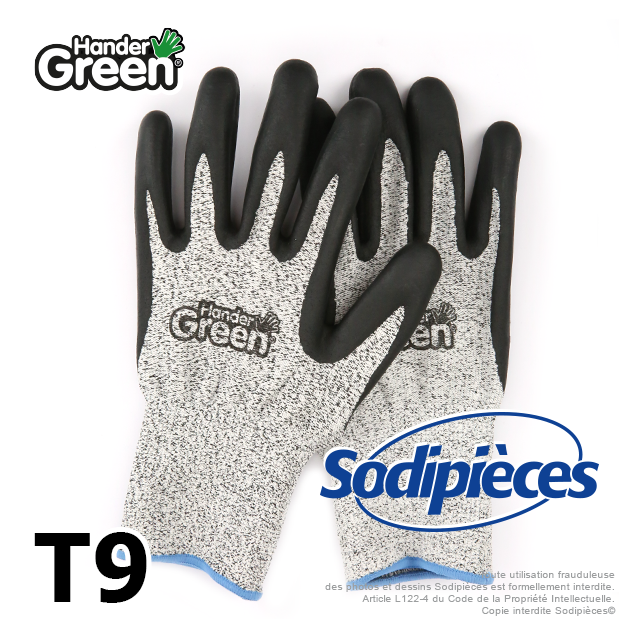 Gants anti-coupure Handergreen. Gris/noir. Taille 9