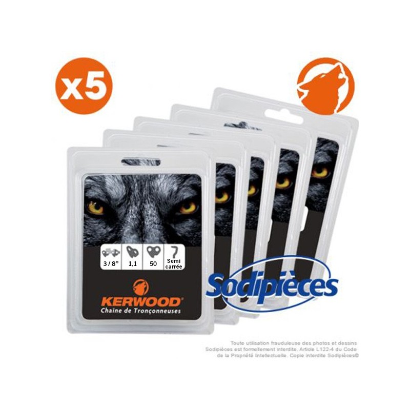 Chaîne tronçonneuse KERWOOD 50 maillons 3/8”, 1,1mm. Par 5