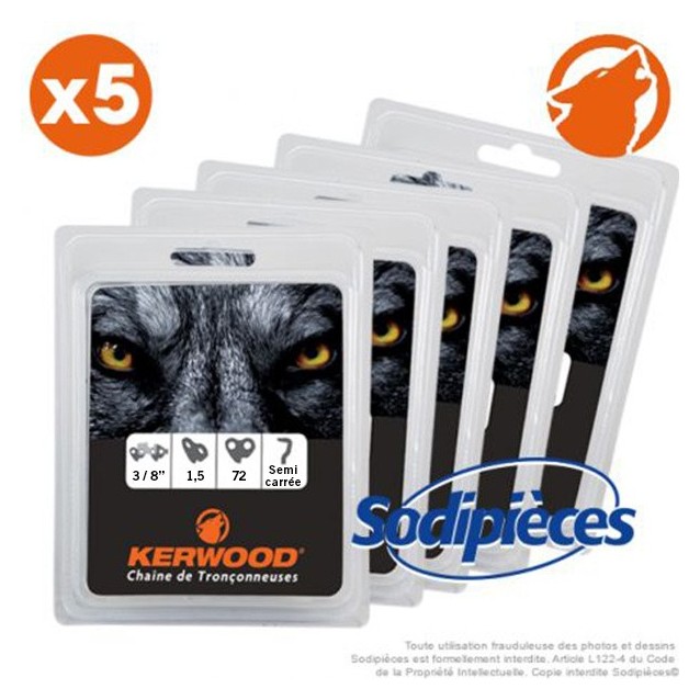 Chaîne tronçonneuse KERWOOD 72 maillons 3/8”, 1,5mm. Par 5