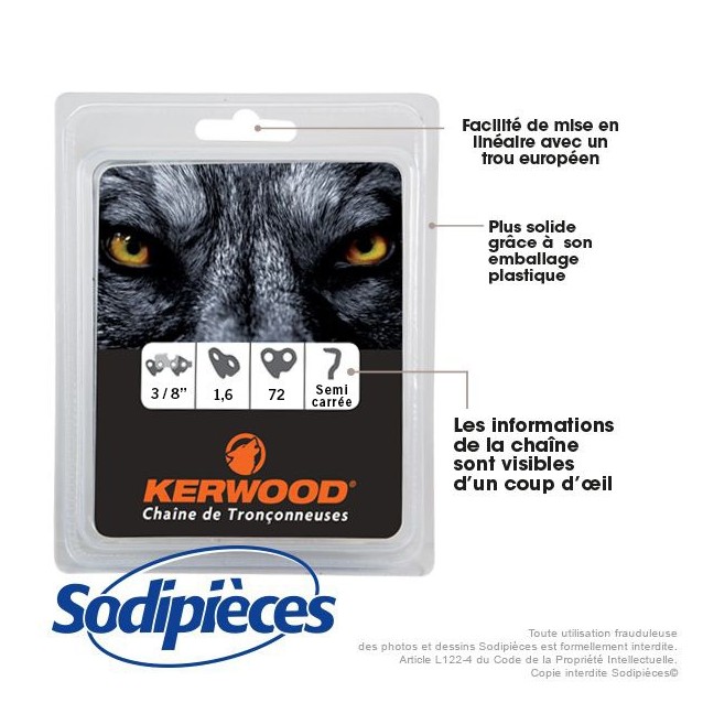 Chaîne tronçonneuse KERWOOD 72 maillons 3/8”, 1,6mm. Par 5