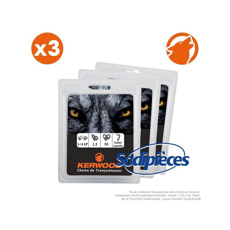 Chaîne tronçonneuse KERWOOD 55 maillons, 3/8” LP, 1,3 mm. Par 5