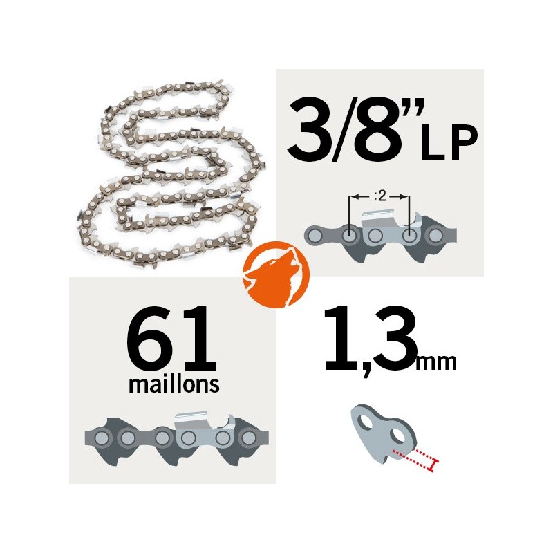 Chaîne tronçonneuse KERWOOD 61 maillons 3/8"LP, 1,3mm