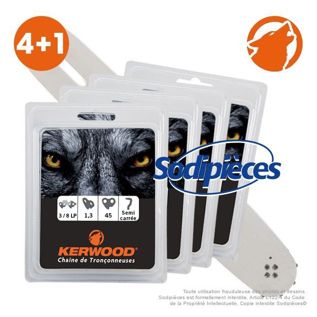 Kit 1 guide. 30 cm. 3/8”LP.  1,3 mm. 12B2KCWA + 4 chaînes 45 maillons 3/8”LP 1,3mm