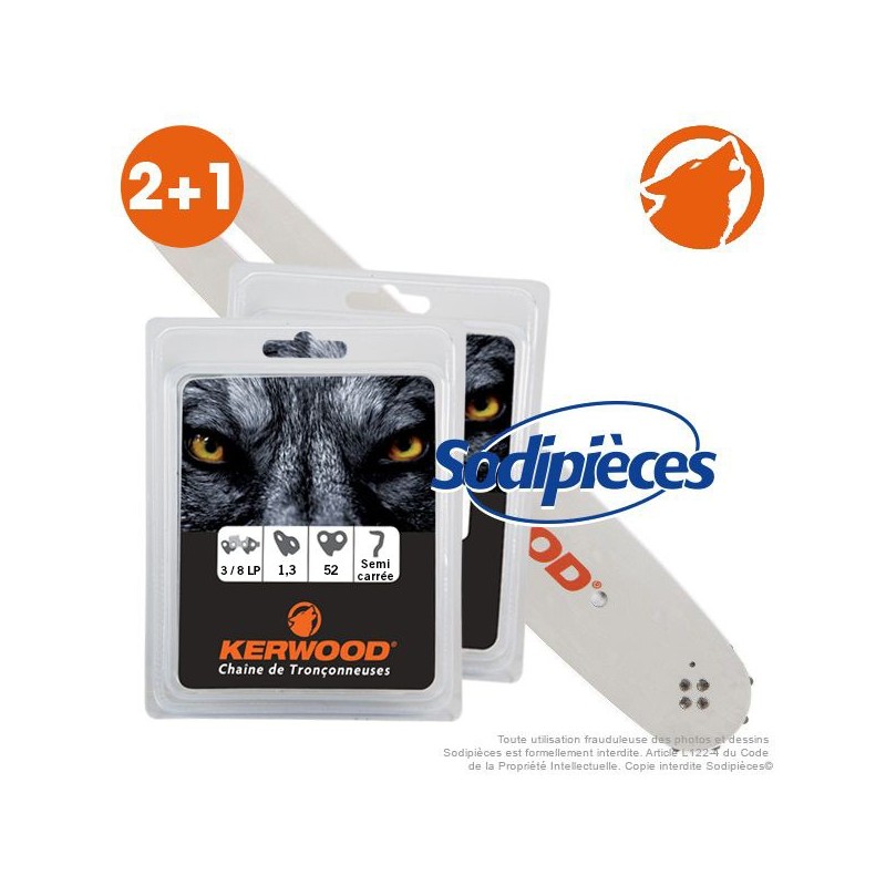 Kit 1 guide. 35 cm. 3/8”LP. 1,3 mm. 14B2KCWB + 2 chaînes 52 maillons 3/8”LP, 1,3mm