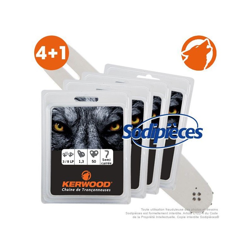 Kit 1 guide. 35 cm. 3/8”LP. 1,3 mm. 14B2KCWD + 4 chaînes 50 maillons 3/8LP, 1,3mm