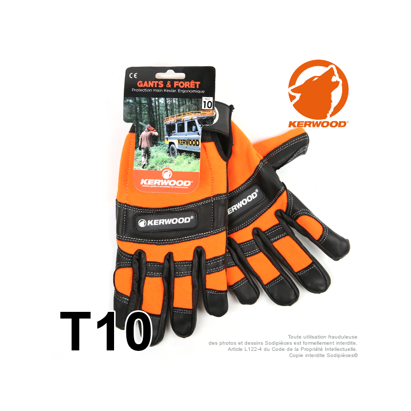 Gants forestier Kerwood noir. Protection main gauche taille L / 10. Class 1