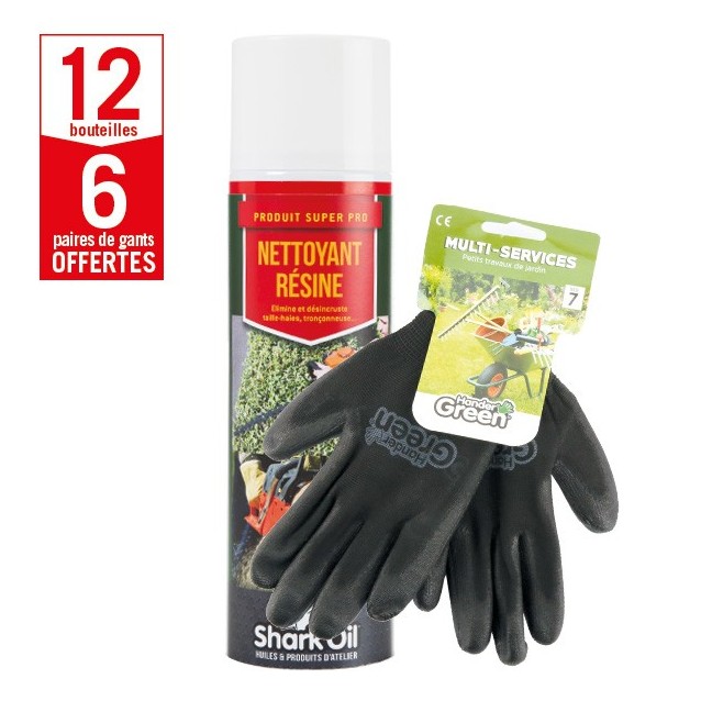 12 aérosols dissolvant résine Shark Oil + 6 paires de gants Multi-services HanderGreen OFFERTES